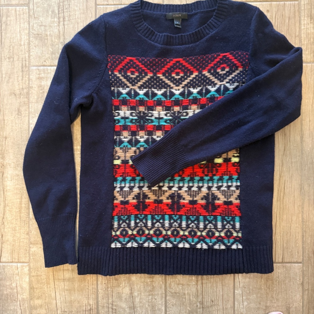 J. Crew Womens Navy Blue Wool Geometric Intarsia Knit Crewneck Sweater Small